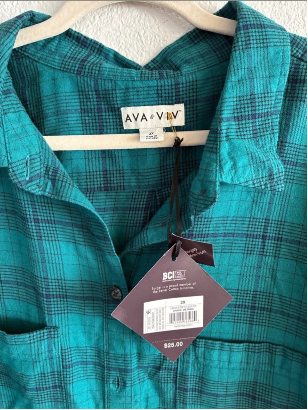 Ava & Viv Teal Plaid Button-Down Shirt woman’s 2xL - Picture 2 of 2